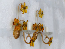 Load image into Gallery viewer, Nice Vintage Italian Pair Wall Light Sconces Gilded Prisms Flowers 1950 Crystal
