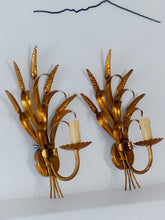 Load image into Gallery viewer, Pair of French Gilt Metal Ear of Wheat Sconces Inspired By Coco Chanel, Wired
