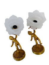 Load image into Gallery viewer, Vintage French Pair Wall Lights Sconces Ormolu Bronze &amp; Glass Cherub Putti
