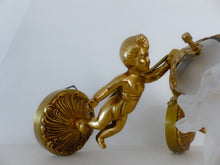 Load image into Gallery viewer, Vintage French Pair Wall Lights Sconces Ormolu Bronze &amp; Glass Cherub Putti
