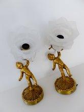 Load image into Gallery viewer, Vintage French Pair Wall Lights Sconces Ormolu Bronze &amp; Glass Cherub Putti
