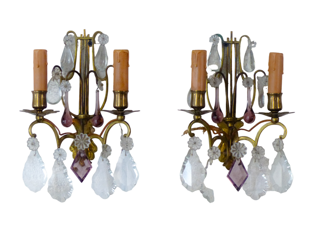 BACCARAT 19TH Gorgeous PAIR Wall Light Clear Crystal Drop Sconces Lyre