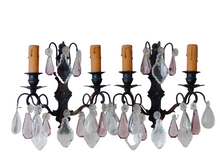 Load image into Gallery viewer, Charming 19TH Gorgeous PAIR Wall Light Bronze &amp; Clear Crystal Drop Sconces
