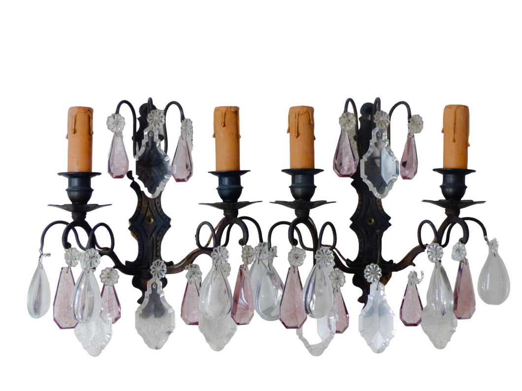 Charming 19TH Gorgeous PAIR Wall Light Bronze & Clear Crystal Drop Sconces