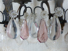 Load image into Gallery viewer, Charming 19TH Gorgeous PAIR Wall Light Bronze &amp; Clear Crystal Drop Sconces
