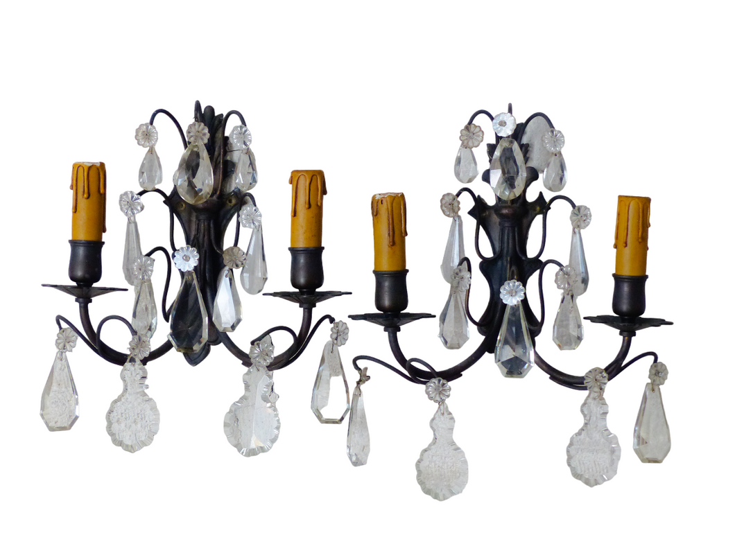 1900 Gorgeous antique PAIR Wall Light Clear Crystal Drop Sconces Prisms Bronze