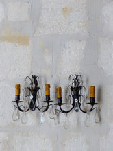 Load image into Gallery viewer, 1900 Gorgeous antique PAIR Wall Light Clear Crystal Drop Sconces Prisms Bronze
