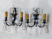 Load image into Gallery viewer, 1900 Gorgeous antique PAIR Wall Light Clear Crystal Drop Sconces Prisms Bronze
