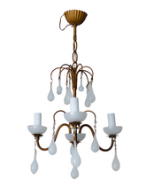 Load image into Gallery viewer, Antique Chandelier White Opaline Drops cup beads 1930 Murano Rare 3 lights
