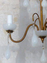 Load image into Gallery viewer, Antique Chandelier White Opaline Drops cup beads 1930 Murano Rare 3 lights
