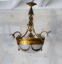 Load image into Gallery viewer, 19TH Antique French 3 Arms Ormolu Bronze Brass Chandelier Cut Crystal Ceiling
