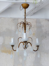 Load image into Gallery viewer, Antique Chandelier White Opaline Drops cup beads 1930 Murano Rare 3 lights
