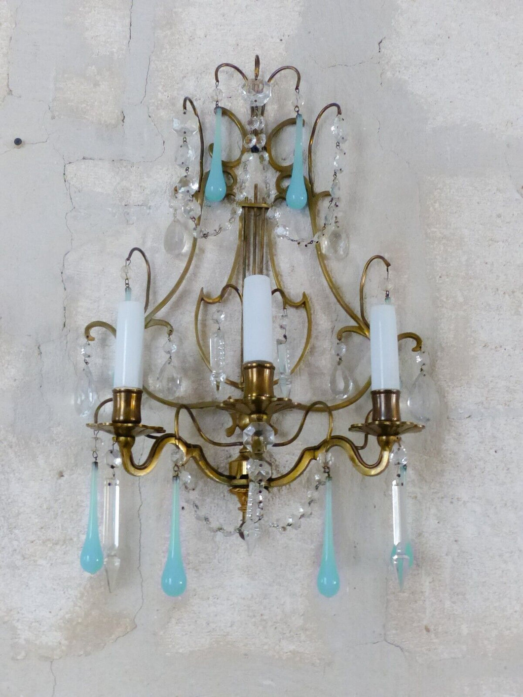 MURANO Antique Wall Light Aqua Blue Opaline Drops Crystal Prisms 1930 Chandelier