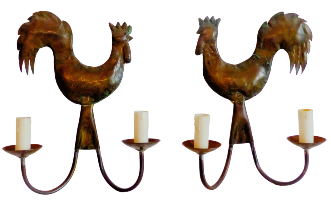 Gorgeous 1950 Pair Wall Lights Brass Rooster Atelier Cerenne of Vallauris