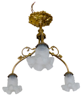 Load image into Gallery viewer, Gorgeous French Gilded Bronze Napoleon III Chandelier 3 fires Glass Shades 19TH
