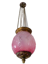 Load image into Gallery viewer, Gorgeous French Lantern Baccarat Style 1900 Brass Chandelier Ceiling Pink Glass
