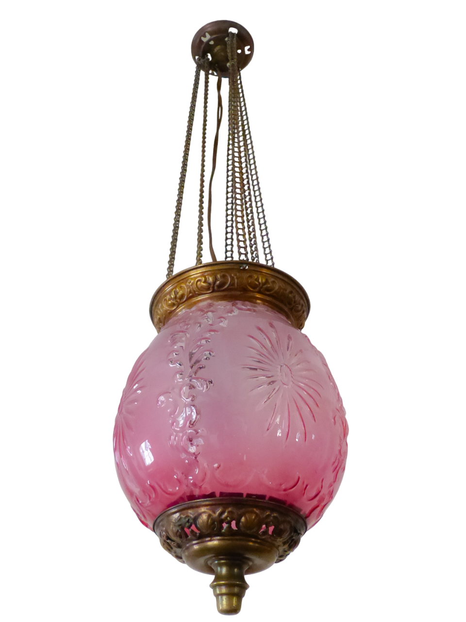 Gorgeous French Lantern Baccarat Style 1900 Brass Chandelier Ceiling Pink Glass