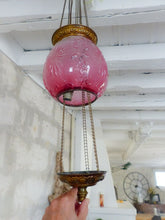 Load image into Gallery viewer, Gorgeous French Lantern Baccarat Style 1900 Brass Chandelier Ceiling Pink Glass
