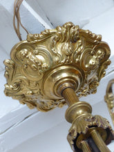 Load image into Gallery viewer, Gorgeous French Gilded Bronze Napoleon III Chandelier 3 fires Glass Shades 19TH
