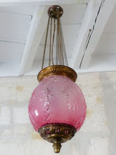 Load image into Gallery viewer, Gorgeous French Lantern Baccarat Style 1900 Brass Chandelier Ceiling Pink Glass
