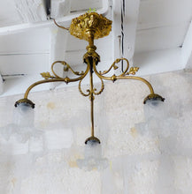 Load image into Gallery viewer, Gorgeous French Gilded Bronze Napoleon III Chandelier 3 fires Glass Shades 19TH
