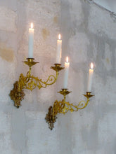 Load image into Gallery viewer, Antique FRENCH Pair Gilded Bronze Wall Light Sconce Candlestick 19TH Church
