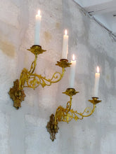 Load image into Gallery viewer, Antique FRENCH Pair Gilded Bronze Wall Light Sconce Candlestick 19TH Church
