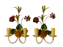 Load image into Gallery viewer, Charming Florentine PAIR Wall Light Enameled Metal Tole Flowers 1970 Italian #5
