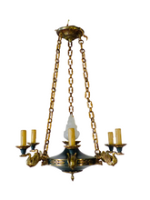 Load image into Gallery viewer, Antique French 6 Arms Ormolu Bronze Brass Tole Chandelier Ceiling Empire 1930 #2
