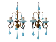 Load image into Gallery viewer, MURANO 1930 Antique PAIR Wall Light Aqua Blue Opaline Drops Cup Bead Chandelier
