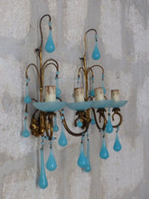 Load image into Gallery viewer, MURANO 1930 Antique PAIR Wall Light Aqua Blue Opaline Drops Cup Bead Chandelier
