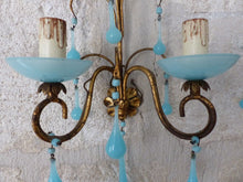 Load image into Gallery viewer, MURANO 1930 Antique PAIR Wall Light Aqua Blue Opaline Drops Cup Bead Chandelier
