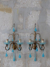 Load image into Gallery viewer, MURANO 1930 Antique PAIR Wall Light Aqua Blue Opaline Drops Cup Bead Chandelier
