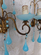 Load image into Gallery viewer, MURANO 1930 Antique PAIR Wall Light Aqua Blue Opaline Drops Cup Bead Chandelier
