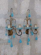 Load image into Gallery viewer, MURANO 1930 Antique PAIR Wall Light Aqua Blue Opaline Drops Cup Bead Chandelier
