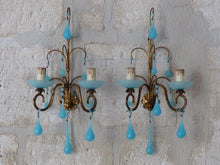 Load image into Gallery viewer, MURANO 1930 Antique PAIR Wall Light Aqua Blue Opaline Drops Cup Bead Chandelier
