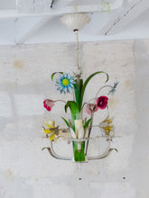 Load image into Gallery viewer, 60&#39;s Charming Florentine Chandelier Enameled Metal Tole Flowers Italian Ceiling
