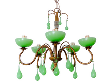 Load image into Gallery viewer, RARE Antique Chandelier Green Opaline Drops Cup Beads 1930 MURANO 5 lights
