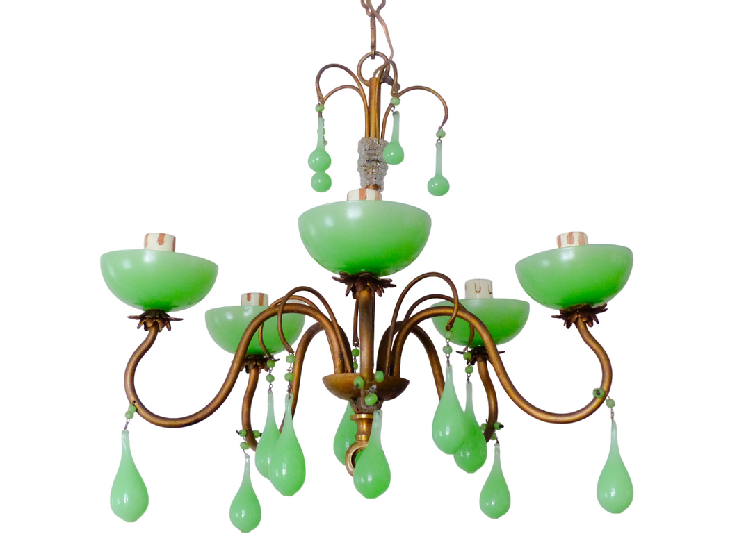 RARE Antique Chandelier Green Opaline Drops Cup Beads 1930 MURANO 5 lights