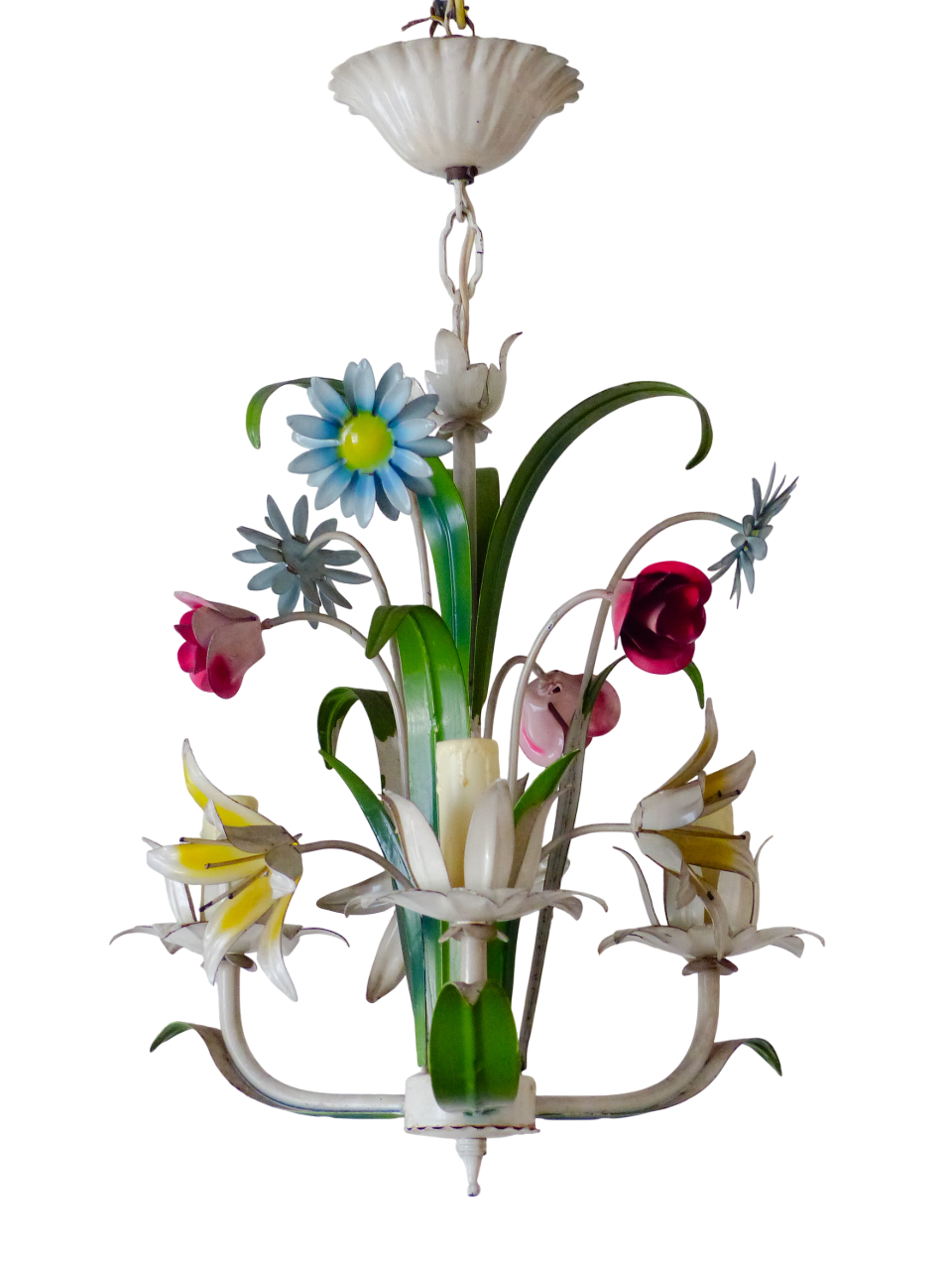 60's Charming Florentine Chandelier Enameled Metal Tole Flower Italian Ceiling 2