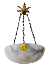 Load image into Gallery viewer, 1900 Gorgeous Antique French Alabaster Pendant Chandelier Ceiling Gilded Bronze
