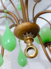 Load image into Gallery viewer, RARE Antique Chandelier Green Opaline Drops Cup Beads 1930 MURANO 5 lights
