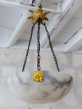 Load image into Gallery viewer, 1900 Gorgeous Antique French Alabaster Pendant Chandelier Ceiling Gilded Bronze
