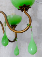 Load image into Gallery viewer, RARE Antique Chandelier Green Opaline Drops Cup Beads 1930 MURANO 5 lights
