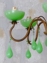 Load image into Gallery viewer, RARE Antique Chandelier Green Opaline Drops Cup Beads 1930 MURANO 5 lights
