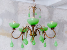 Load image into Gallery viewer, RARE Antique Chandelier Green Opaline Drops Cup Beads 1930 MURANO 5 lights
