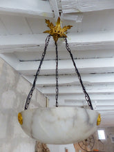 Load image into Gallery viewer, 1900 Gorgeous Antique French Alabaster Pendant Chandelier Ceiling Gilded Bronze
