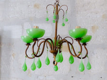 Load image into Gallery viewer, RARE Antique Chandelier Green Opaline Drops Cup Beads 1930 MURANO 5 lights
