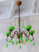 Load image into Gallery viewer, RARE Antique Chandelier Green Opaline Drops Cup Beads 1930 MURANO 5 lights
