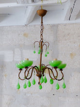 Load image into Gallery viewer, RARE Antique Chandelier Green Opaline Drops Cup Beads 1930 MURANO 5 lights
